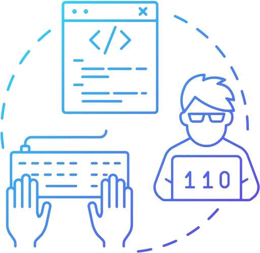 Line art graphic with a software developer and hand on keyboard